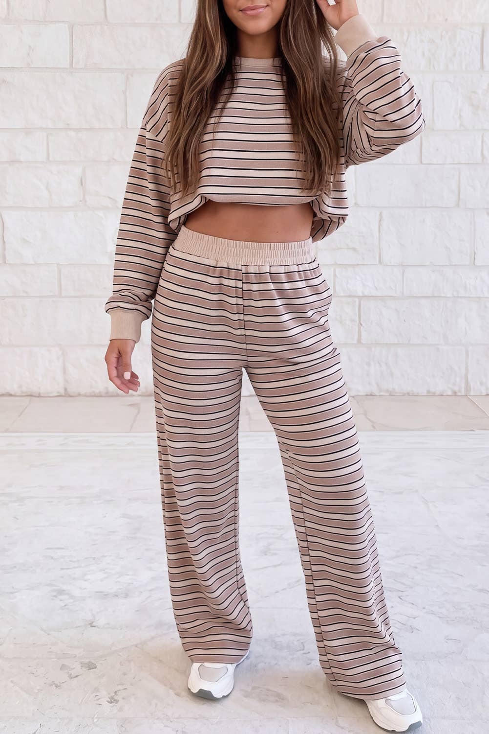 Contrast Trim Long Sleeve Top Elastic Waist Pants Set