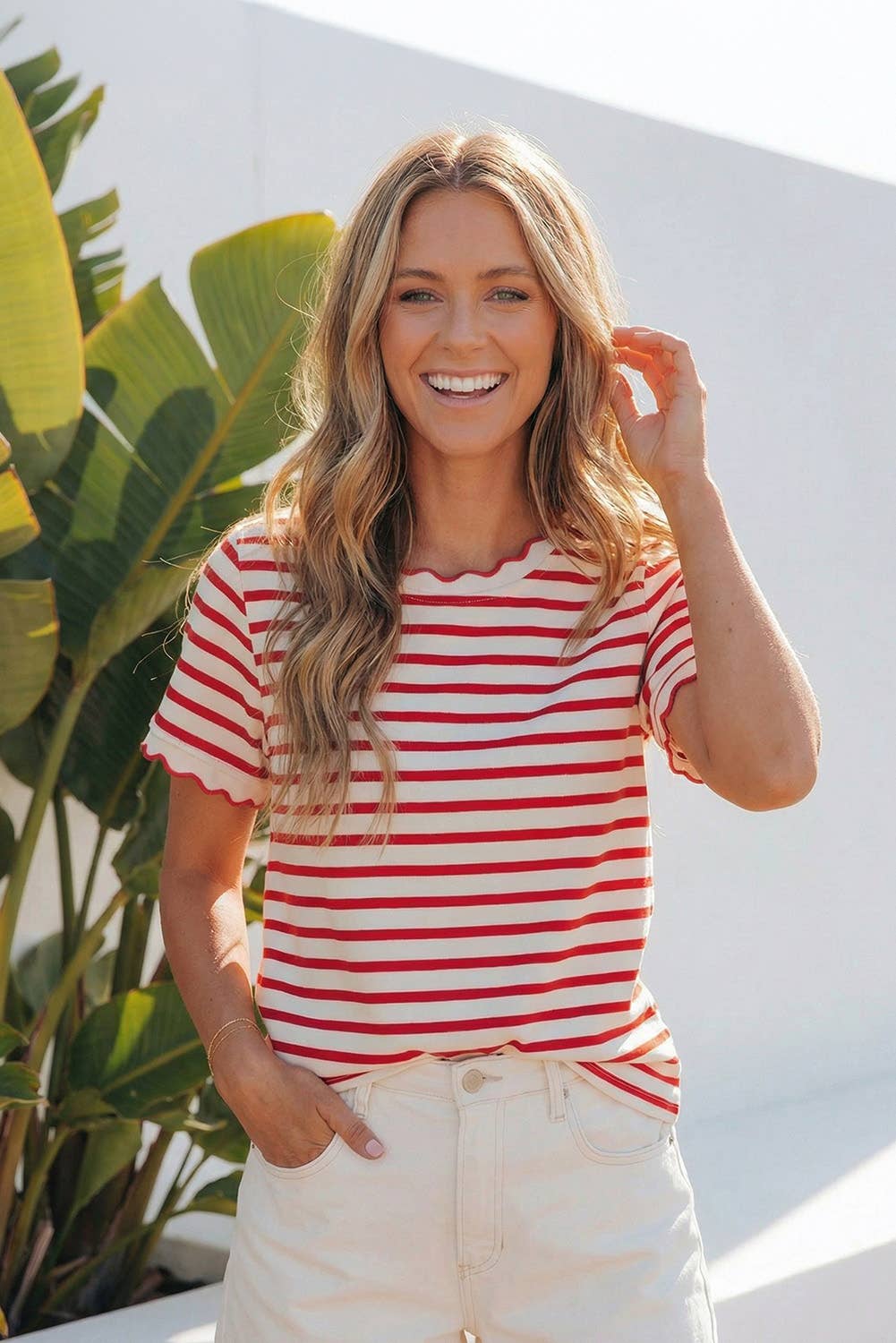 LAS Stripe Scalloped Trim Round Neck T Shirt (S-4X)
