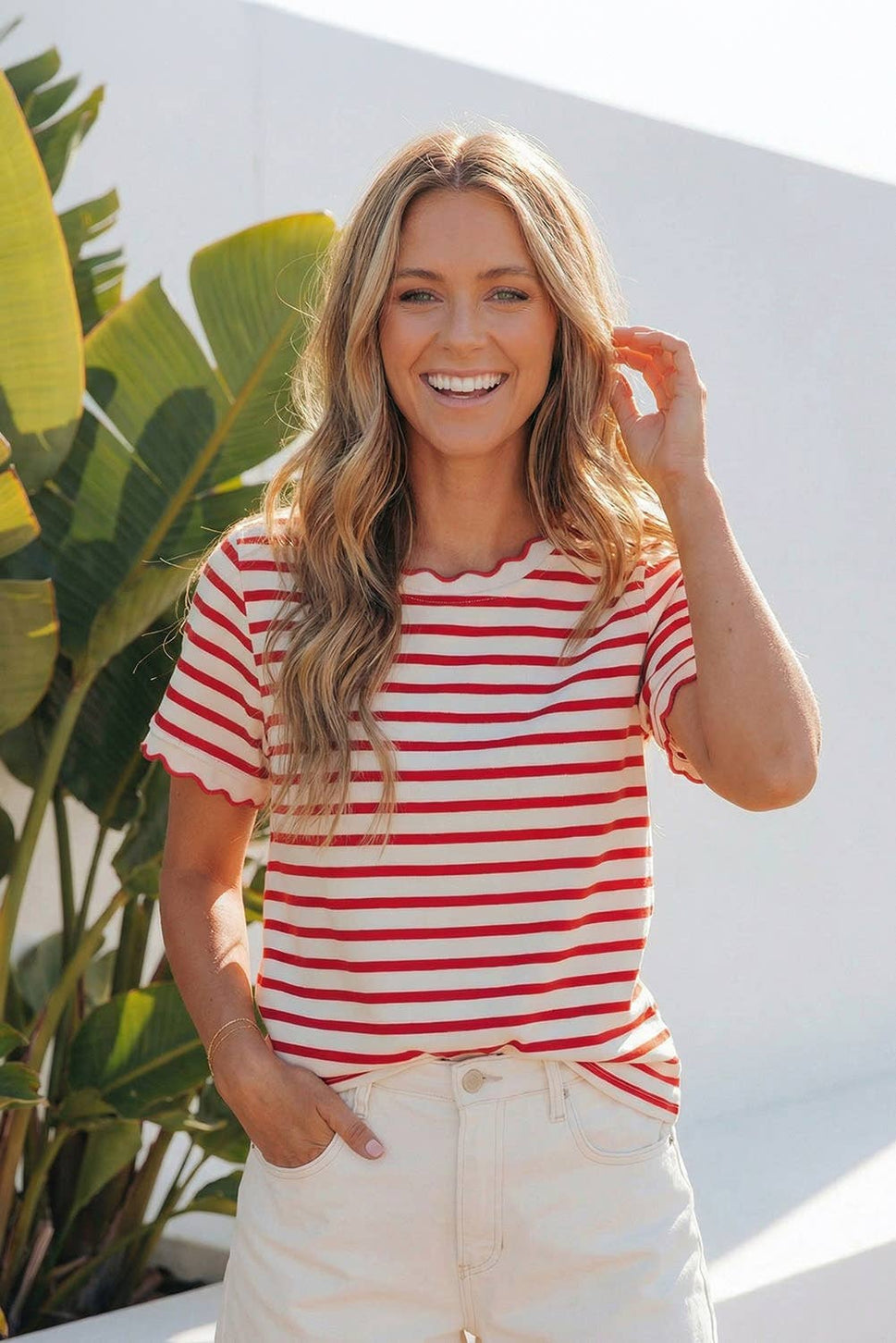LAS Stripe Scalloped Trim Round Neck T Shirt (S-4X)