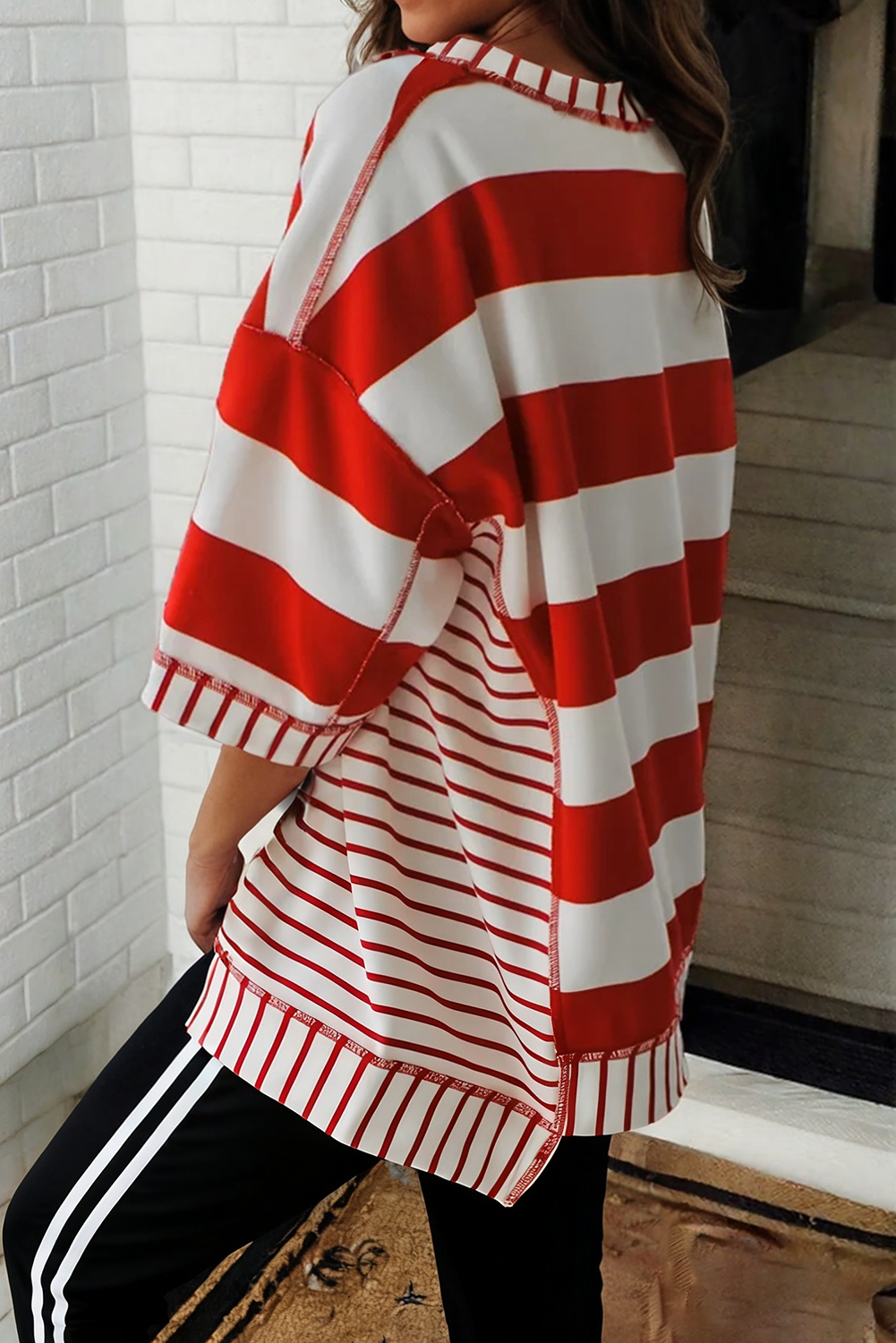 LAS-LIVE Stripe Sequin Bow Patriotic Half Sleeve Top