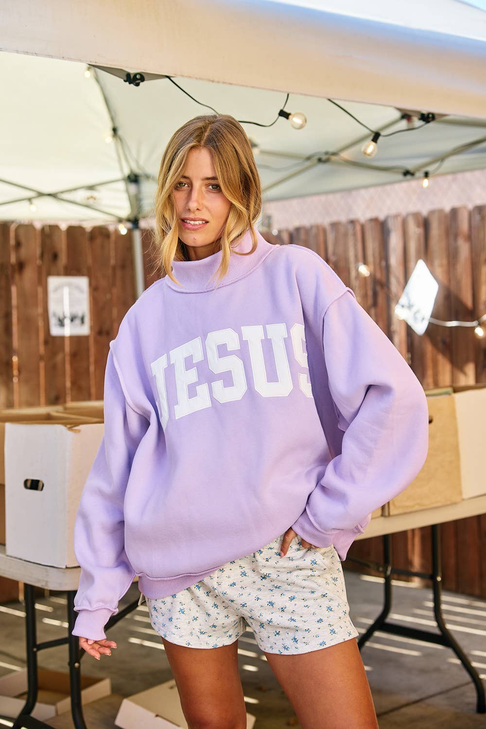 Jesus Embroidered Mock Neck Sweatshirt : LAVENDER