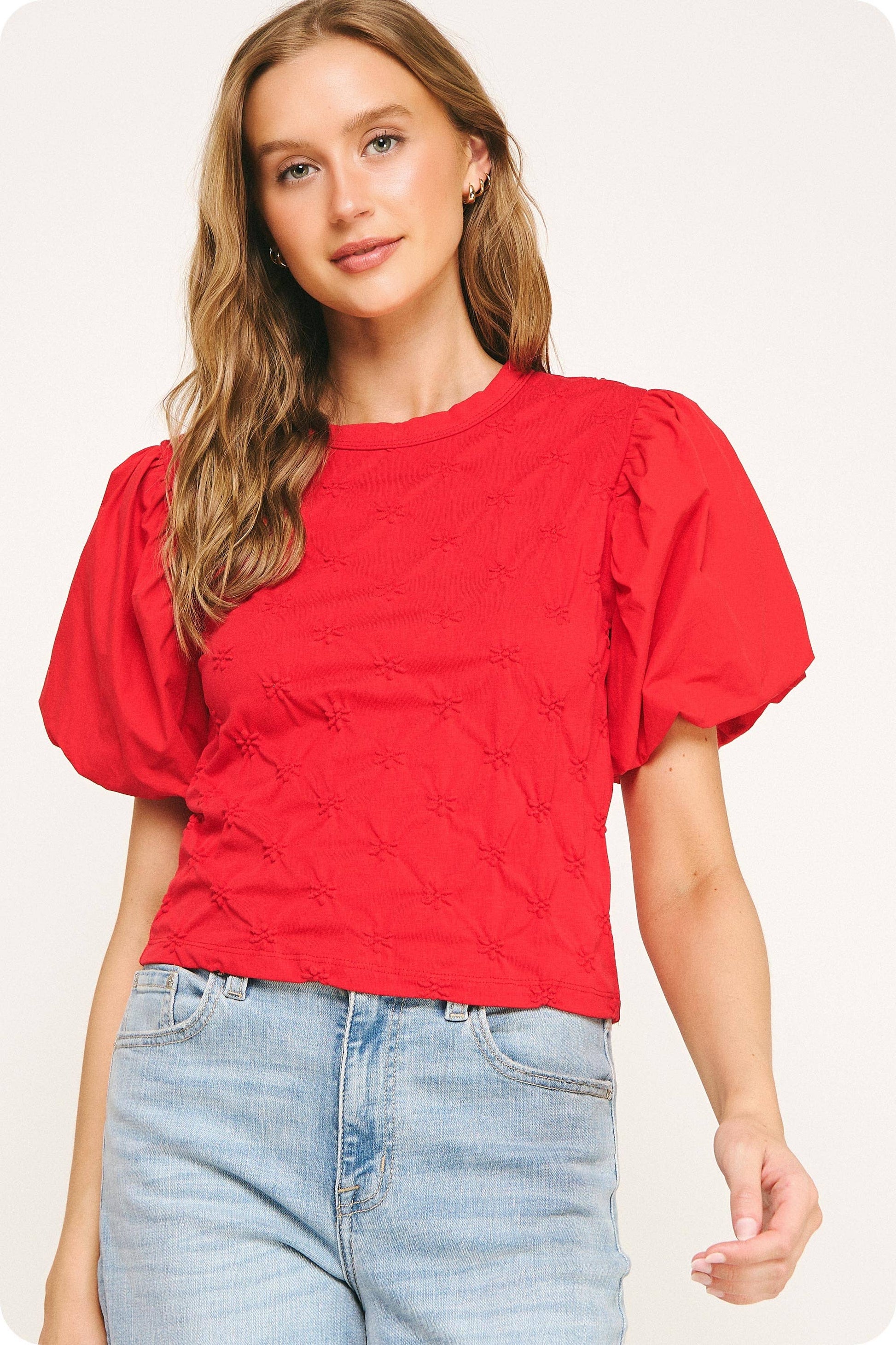 Flower Embossed Puff Sleeve Tee Top