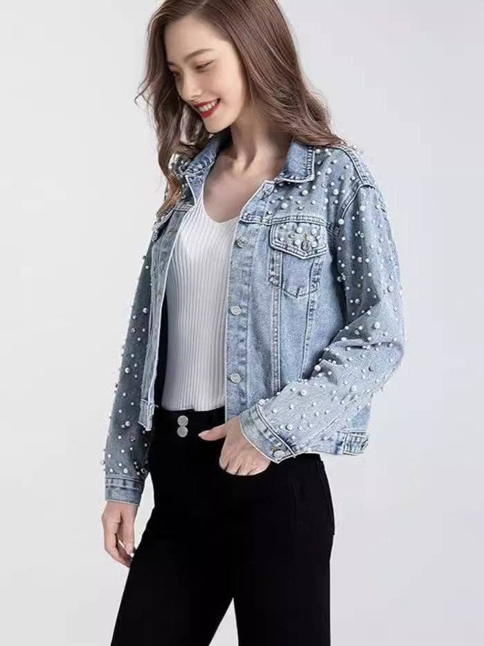 WOMEN CASUAL DENIM JACKET WITH PEARL RHINESTONE ACCENTS