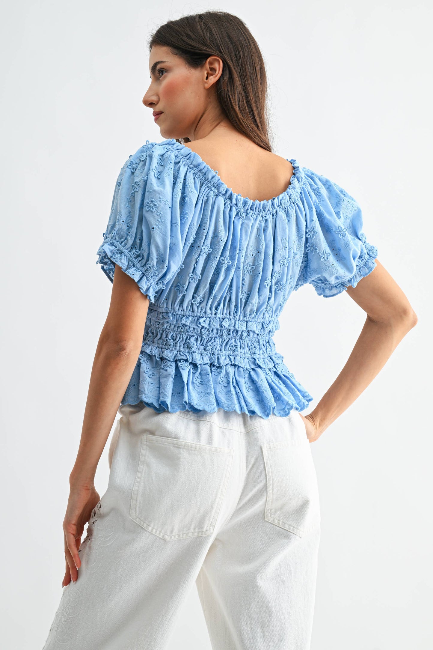 Embroidered Peplum Blouse LT Blue