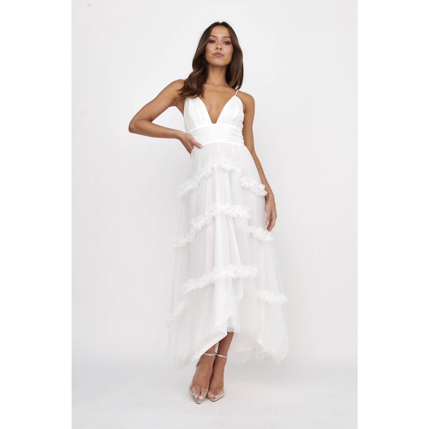 DEEP-V TIERED TULLE MIDI DRESS