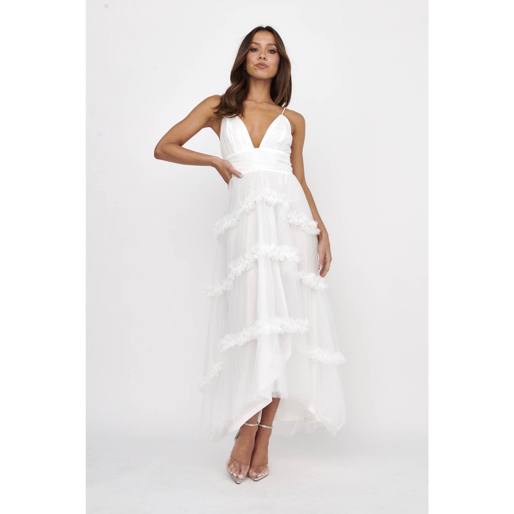 DEEP-V TIERED TULLE MIDI DRESS