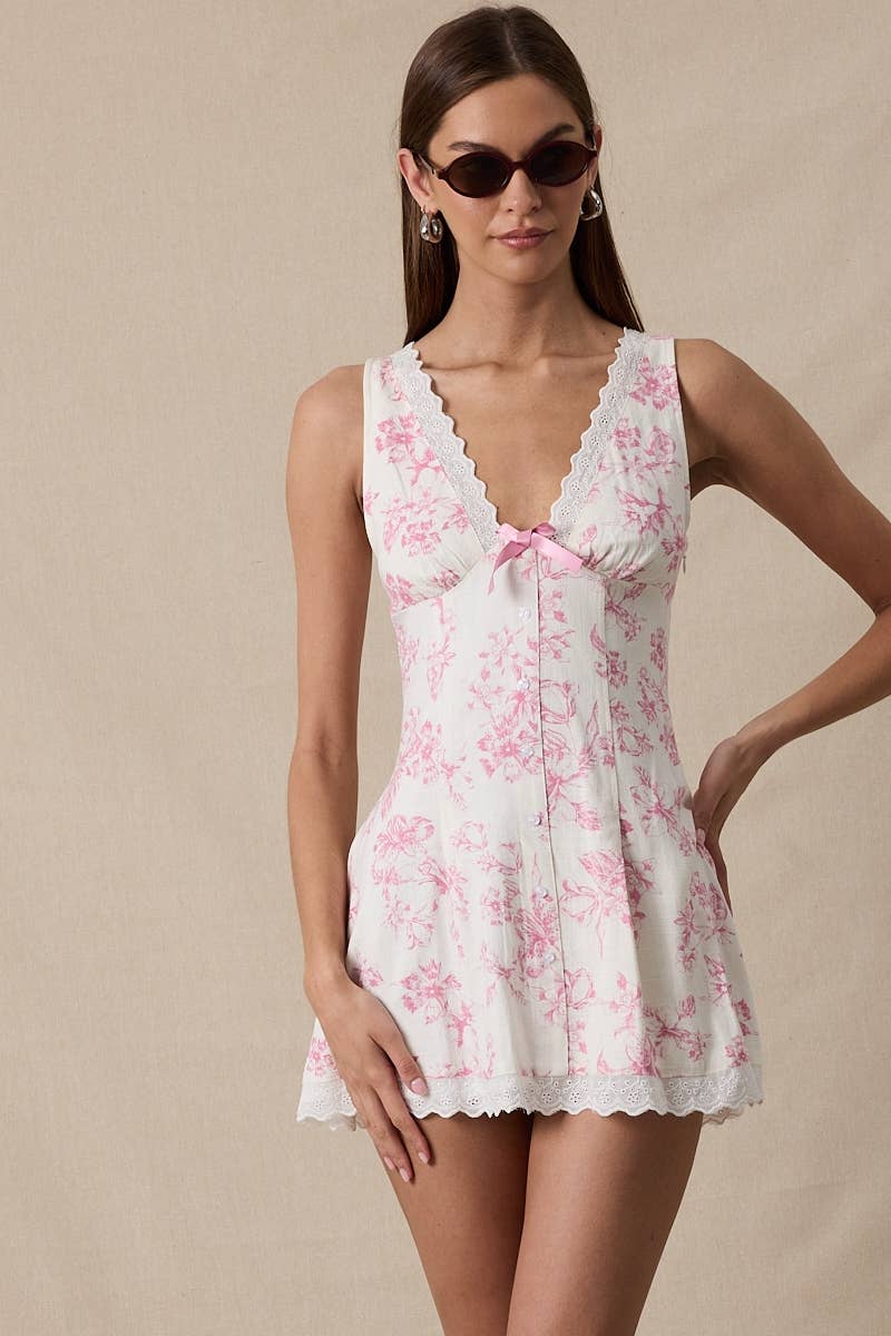 HIBISCUS FLORAL V-NECK SCALLOP LACE MINI DRESS