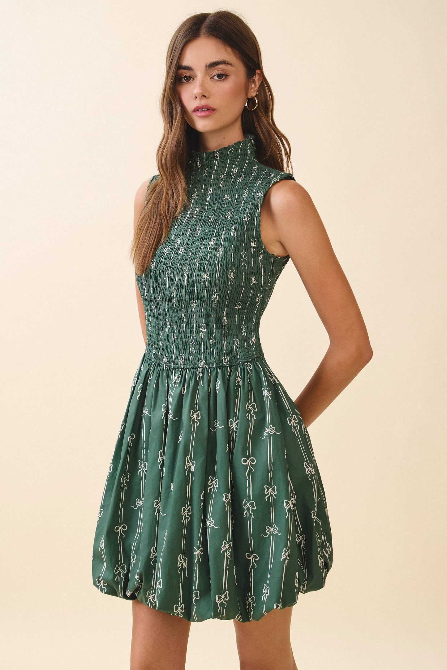 BOW PRINT SHIRRED BODICE BUBBLE HEM MINI DRESS