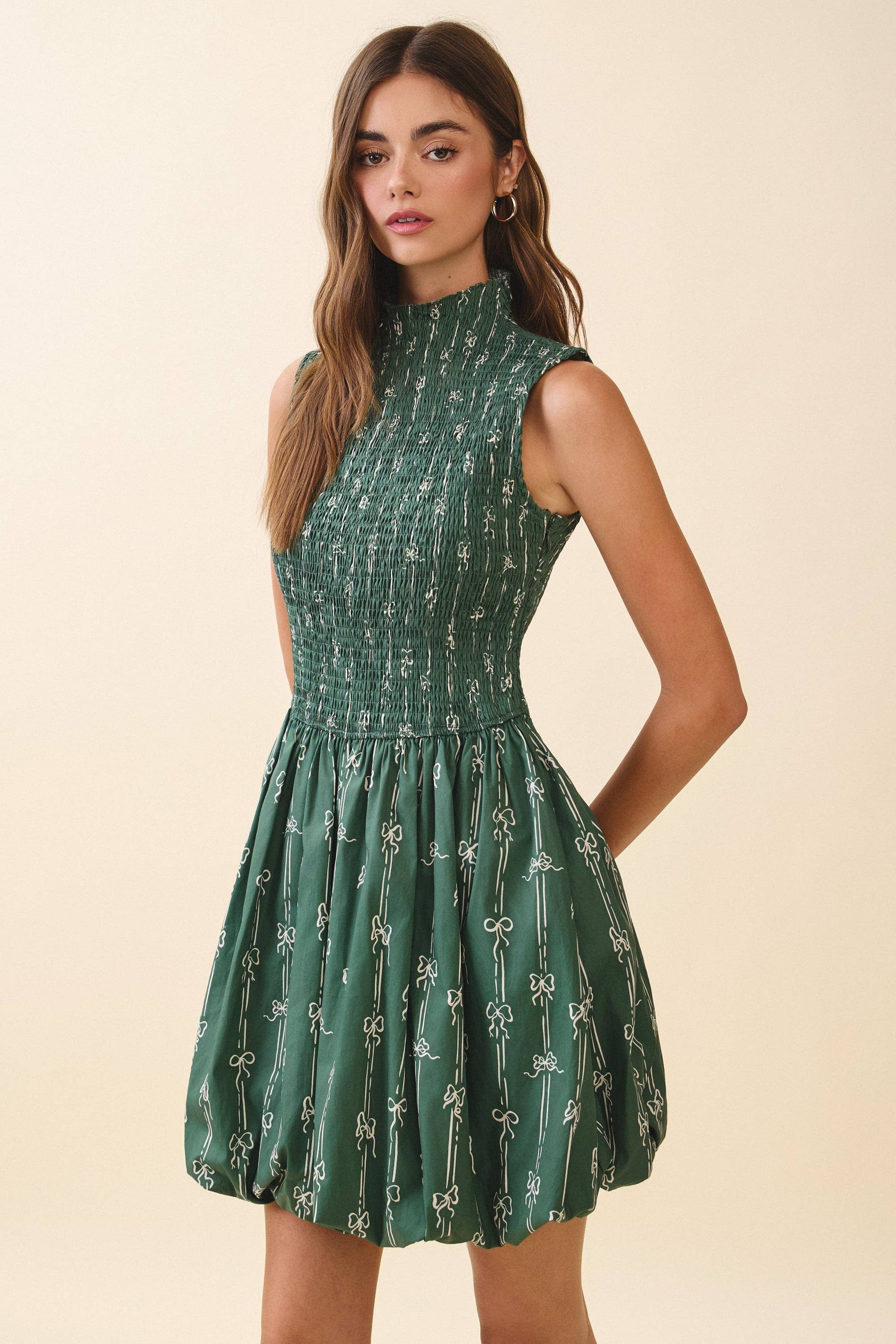 BOW PRINT SHIRRED BODICE BUBBLE HEM MINI DRESS