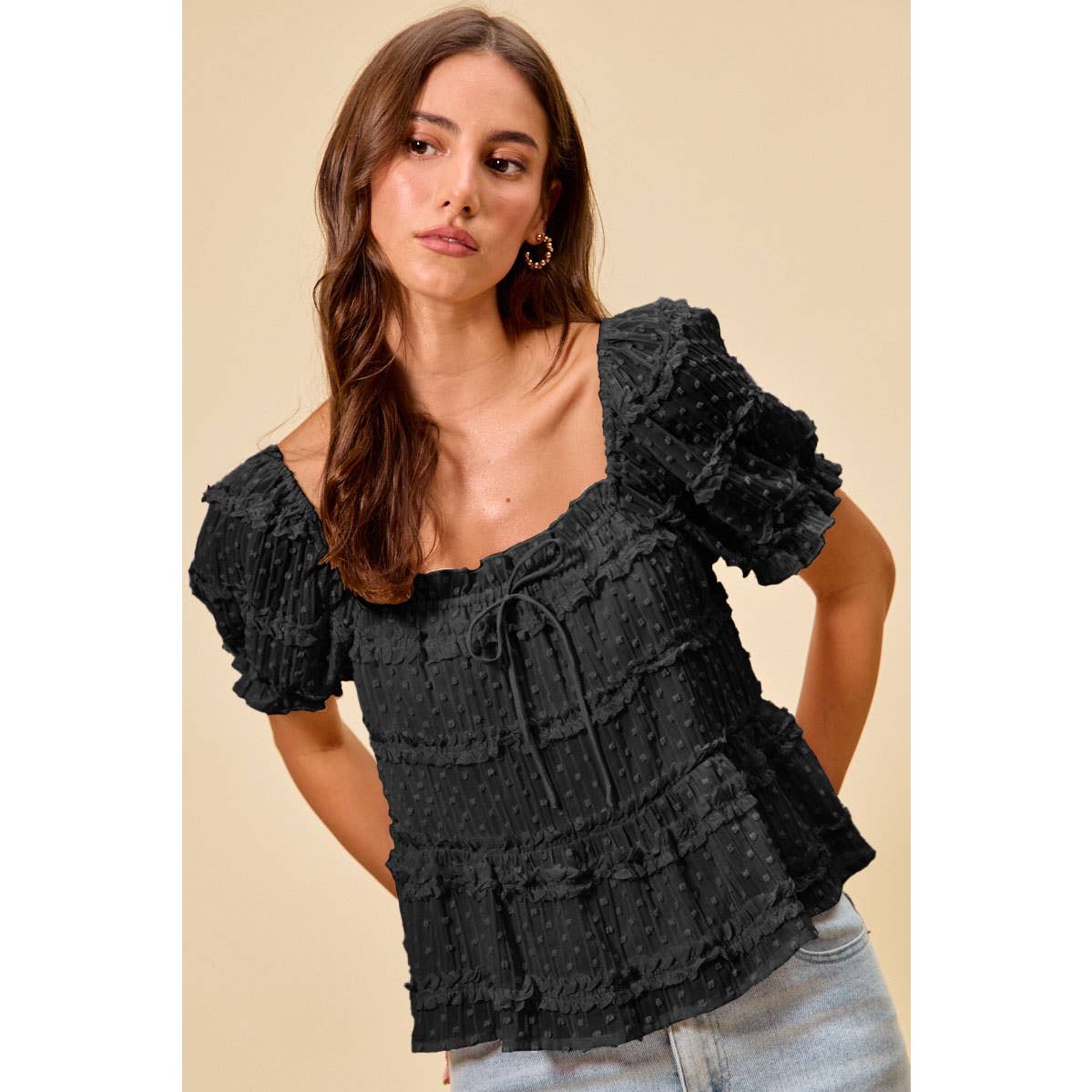 TEXTURED CLIP DOT RUFFLE SHORT SLEEVES BLOUSE TOP