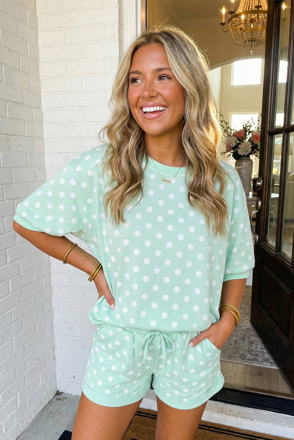 Polka Dot Print Top Drawstring Shorts Set