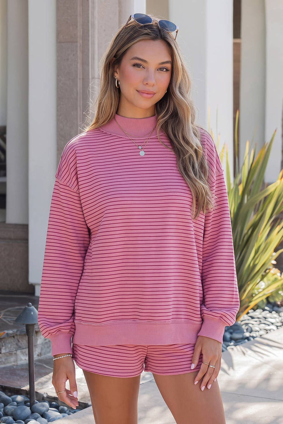 Mock Neck Baggy Pullover Matching Shorts Set
