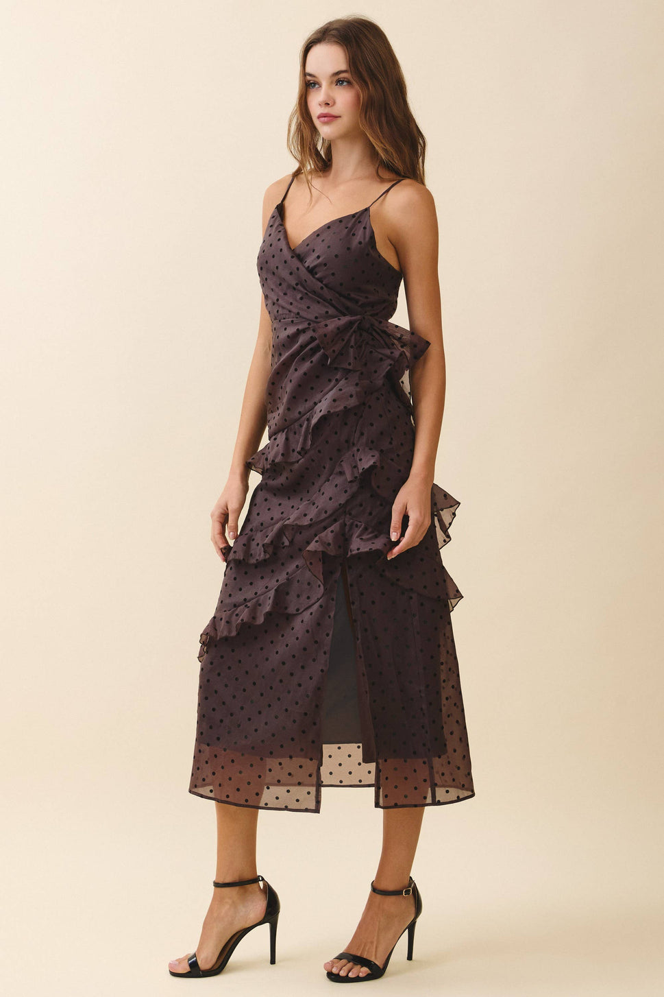 Surplice Neck Cascading Ruffle Polka Dot Dress