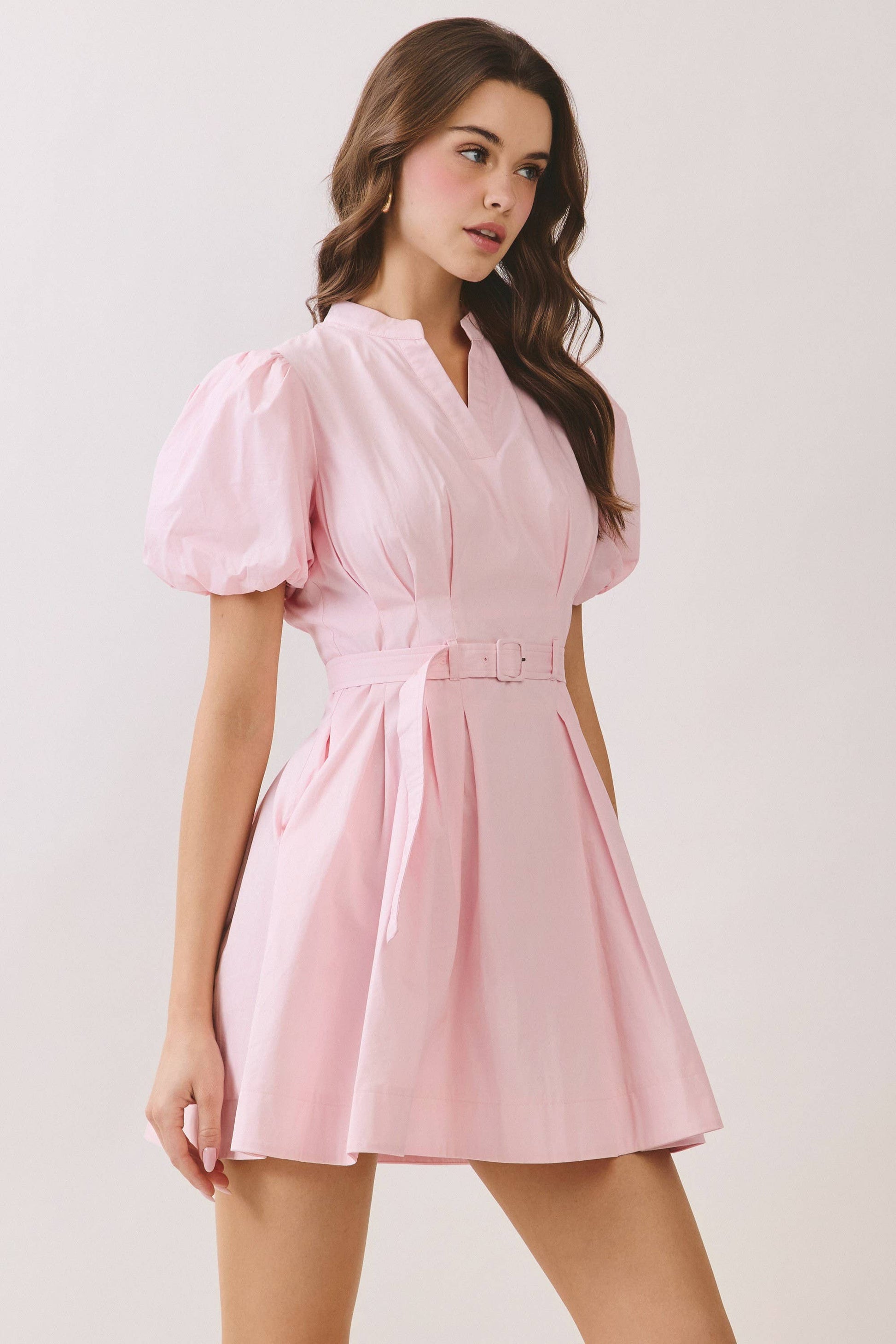 CD06955-Matching Belted Puff Sleeve Mini Dress