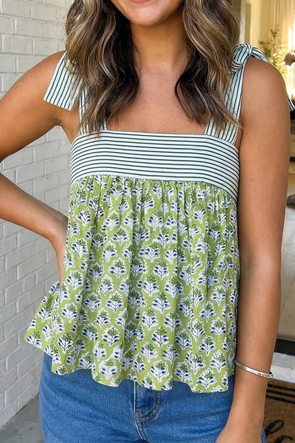 LAS-LIVE Floral Printed Knot Straps Babydoll Tank Top