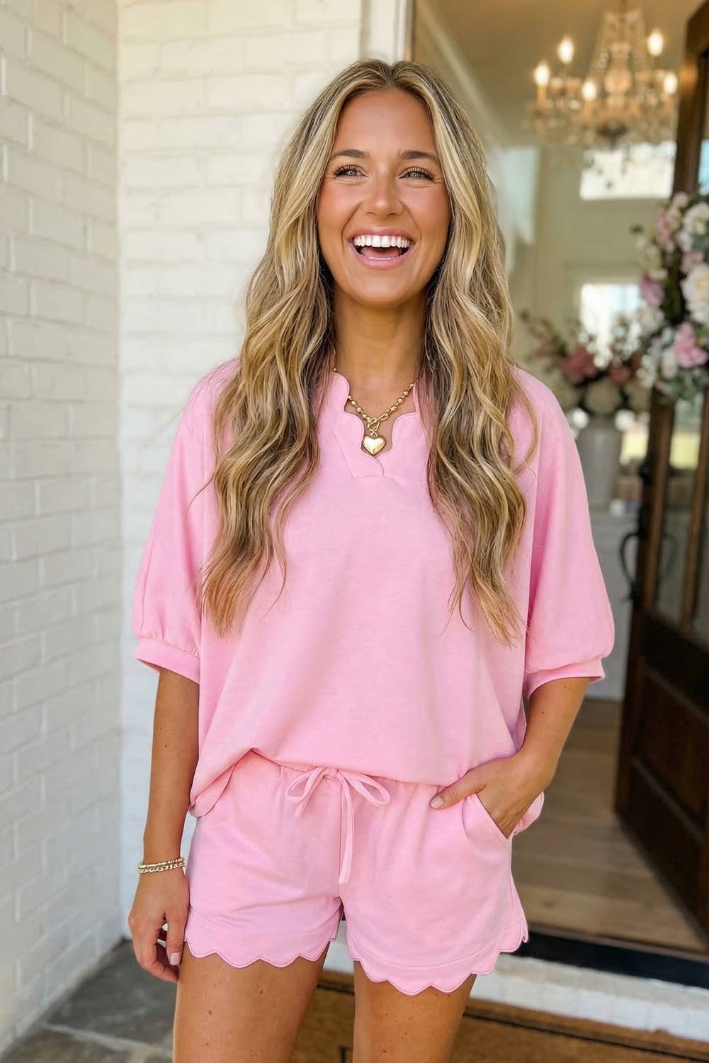 LAS Scalloped Oversize Top Drawstring Short Set