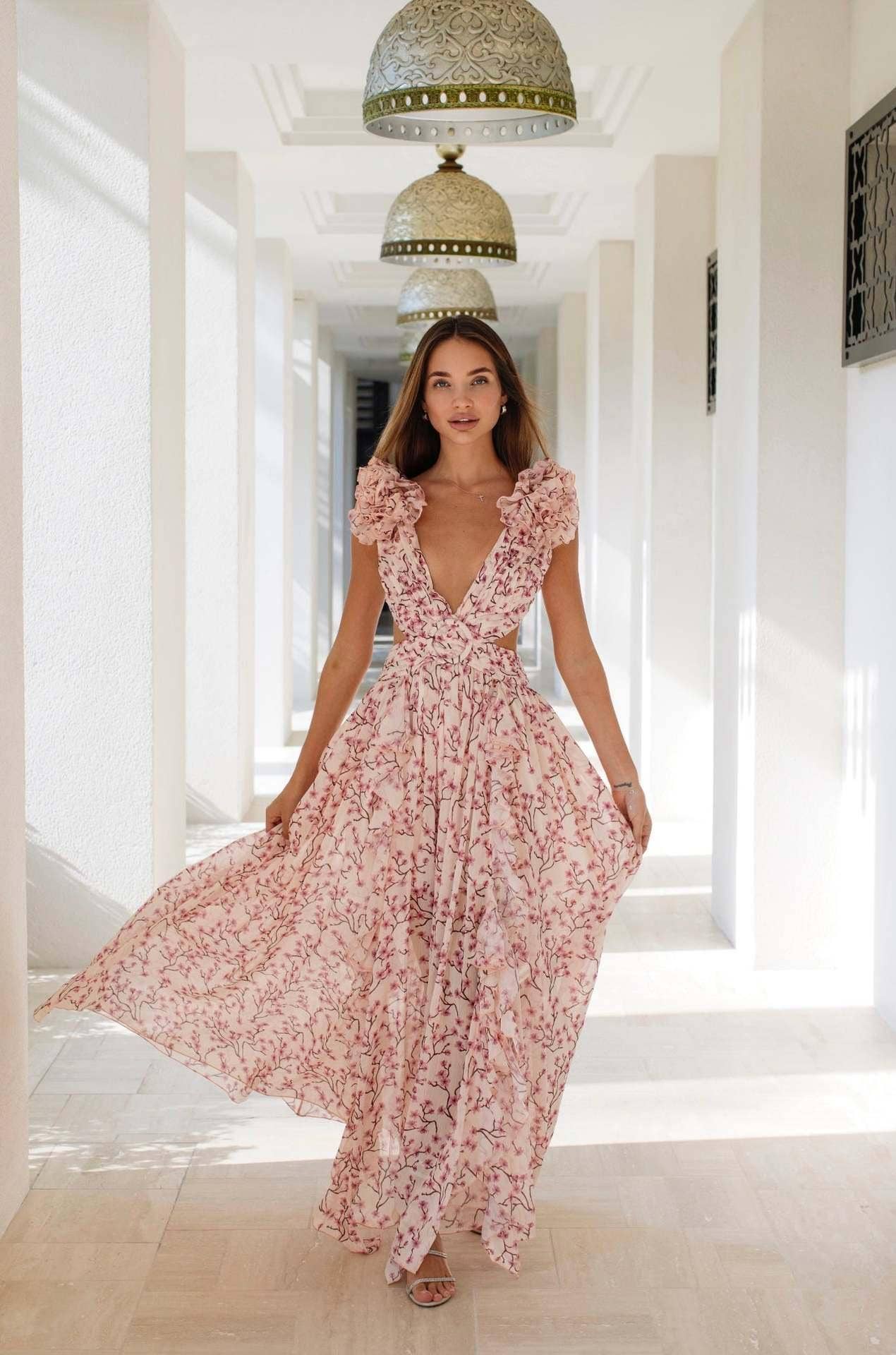 CUT OUT SLIM DEEP V RUFFLED FLORAL BACKLESS DRESS