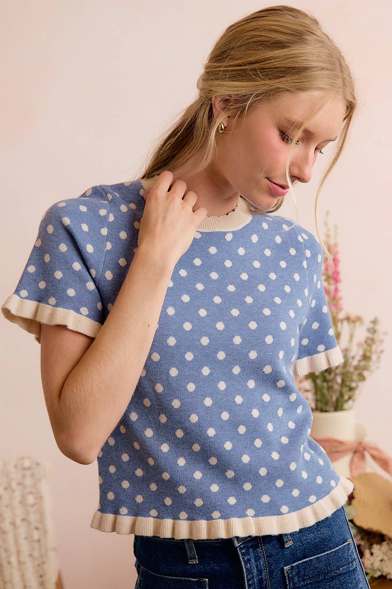 Polka Dot Ruffled Short Sleeves Sweater Knit Top