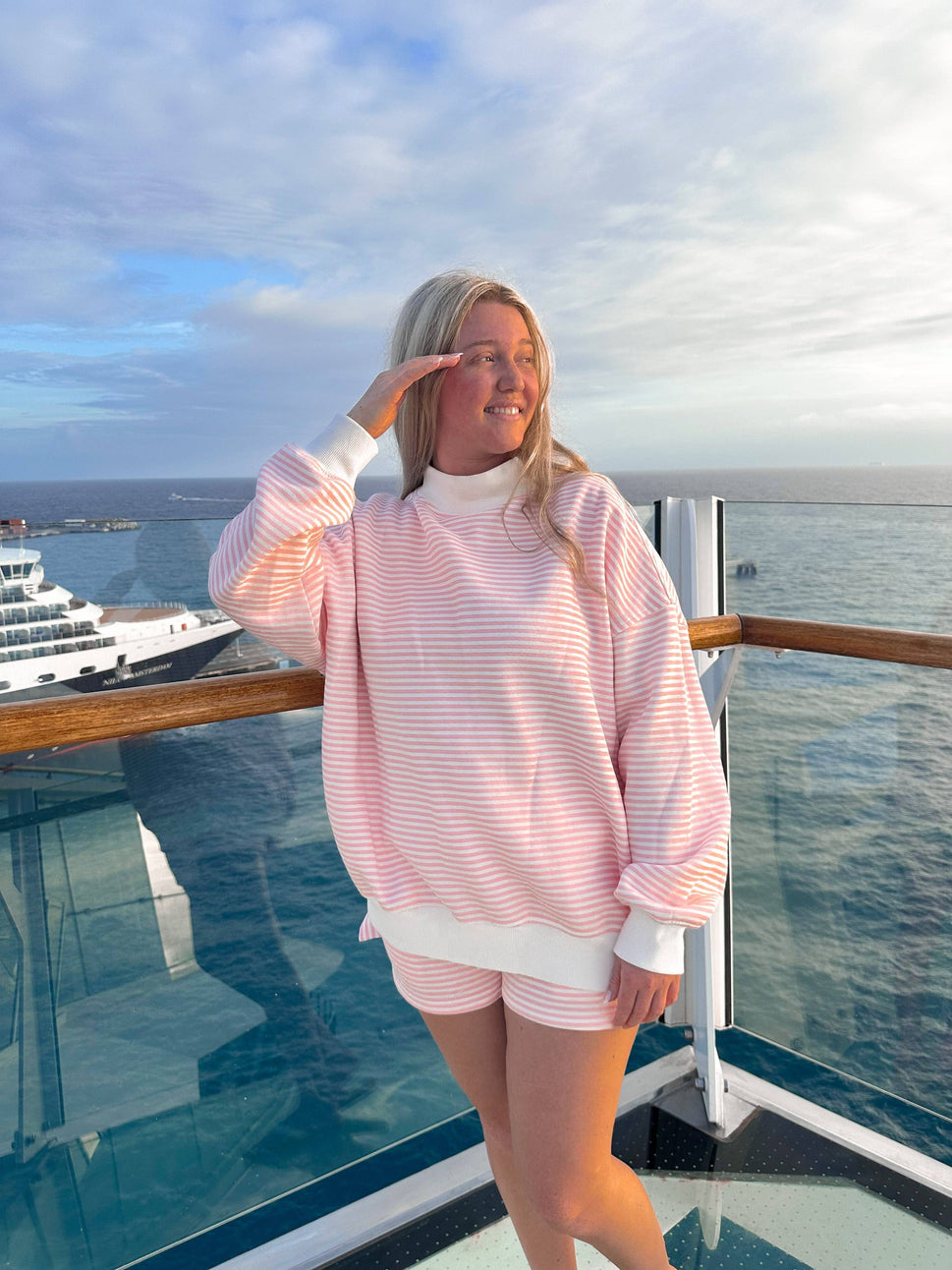 LIGHT PINK AND BIG STRIPED MOCKNECK SWEATSHIRT