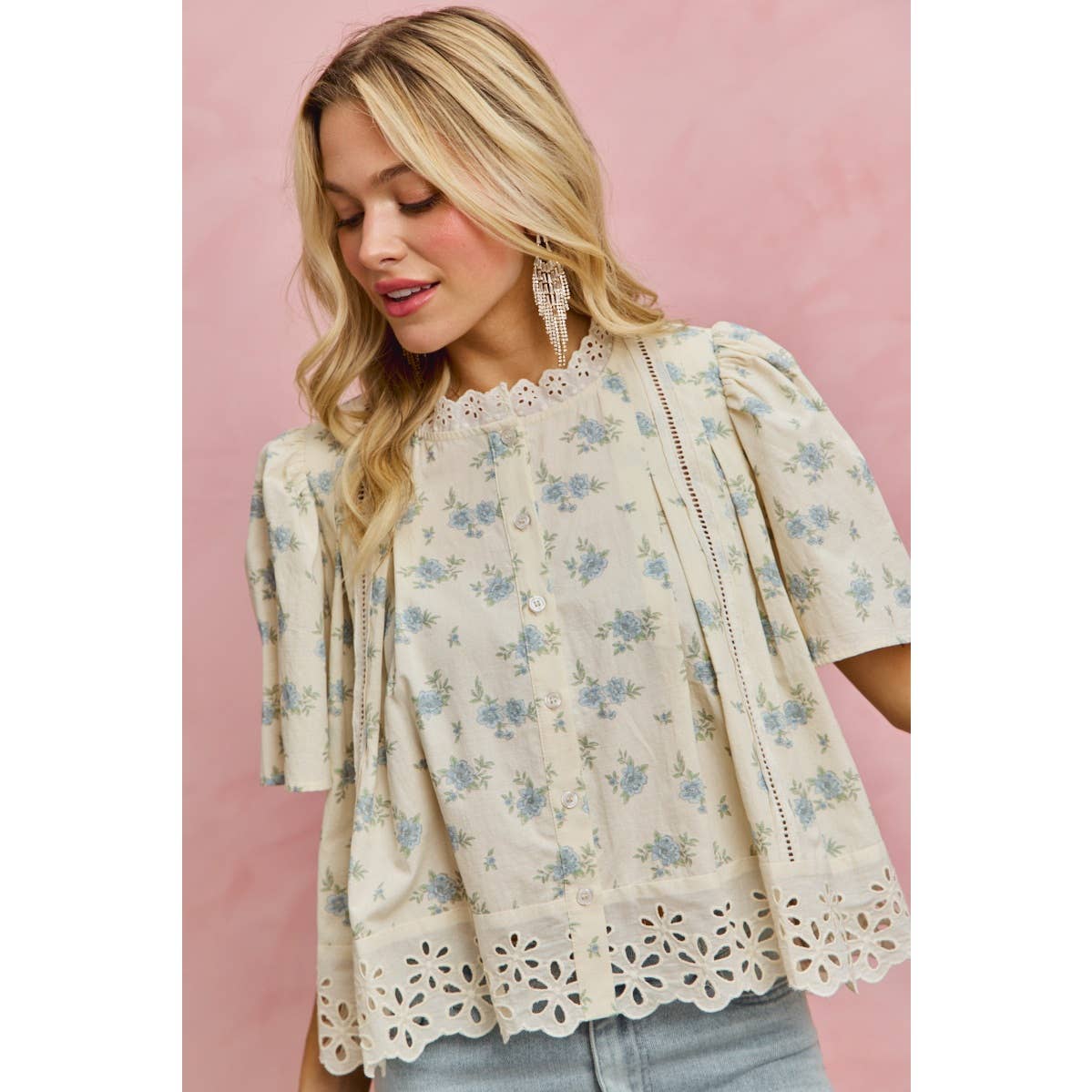 FLORAL PRINT LACE TRIM FLUTTER SLEEVES BLOUSE TOP