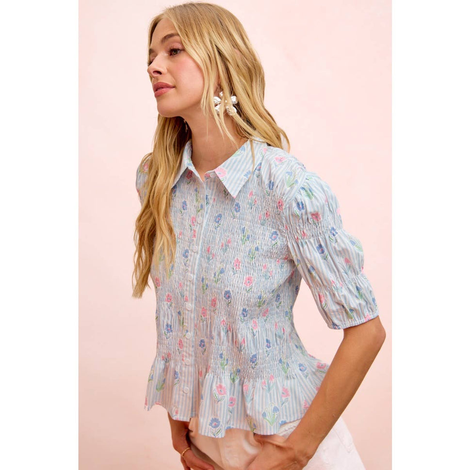 STRIPES AND FLORAL SHORT SLEEVE SHIRRED BLOUSE TOP