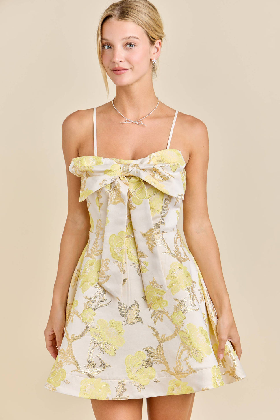 Glam Bow Floral Jacquard Mini Dress