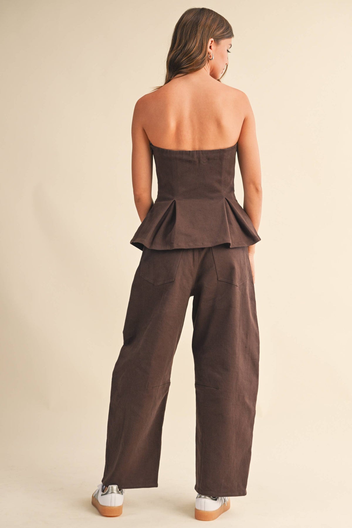 Pleated Strapless Top And Barrel Pants