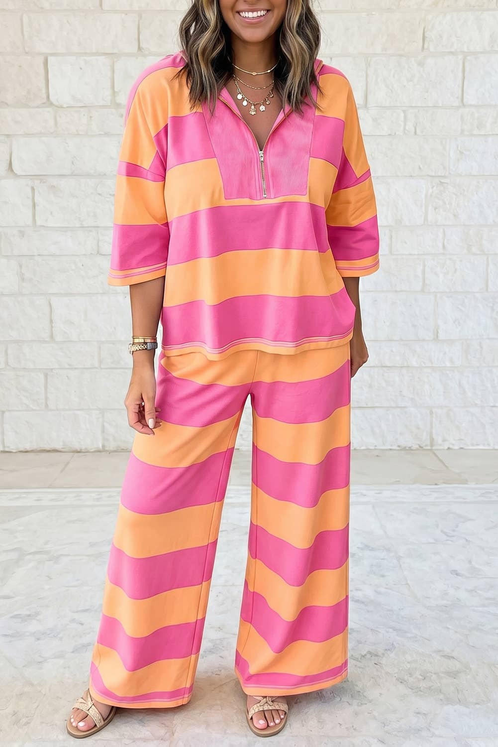 Quarter-Zip Top and Wide Leg Pants 2 Pieces Sets