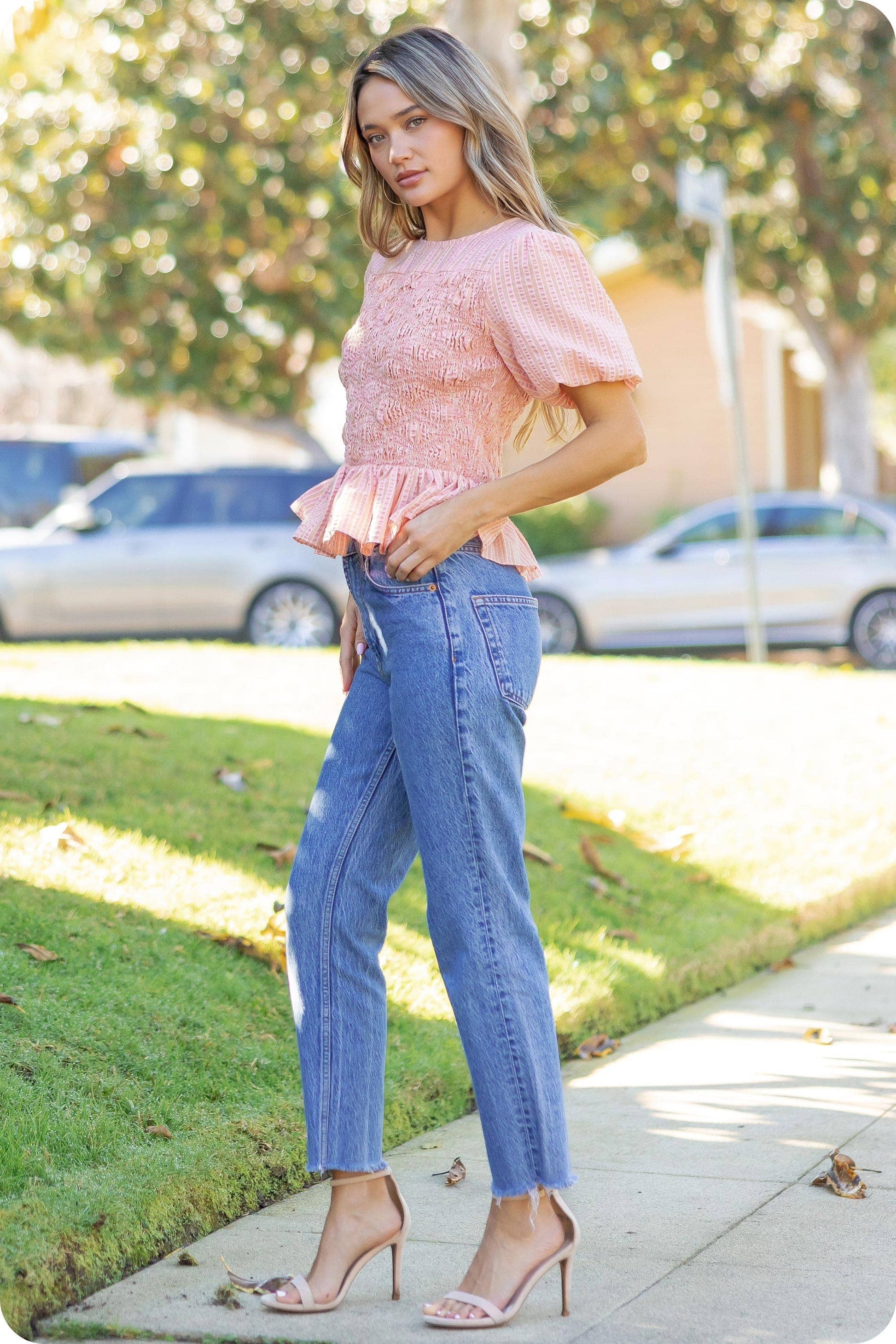 Wavy Smocking Detail Short Puff Sleeve Top