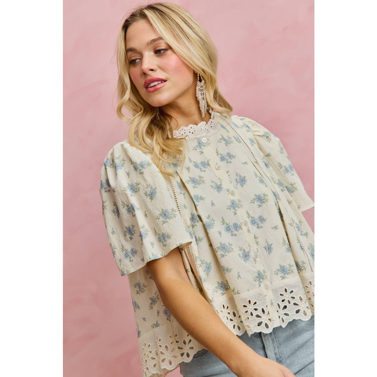 FLORAL PRINT LACE TRIM FLUTTER SLEEVES BLOUSE TOP