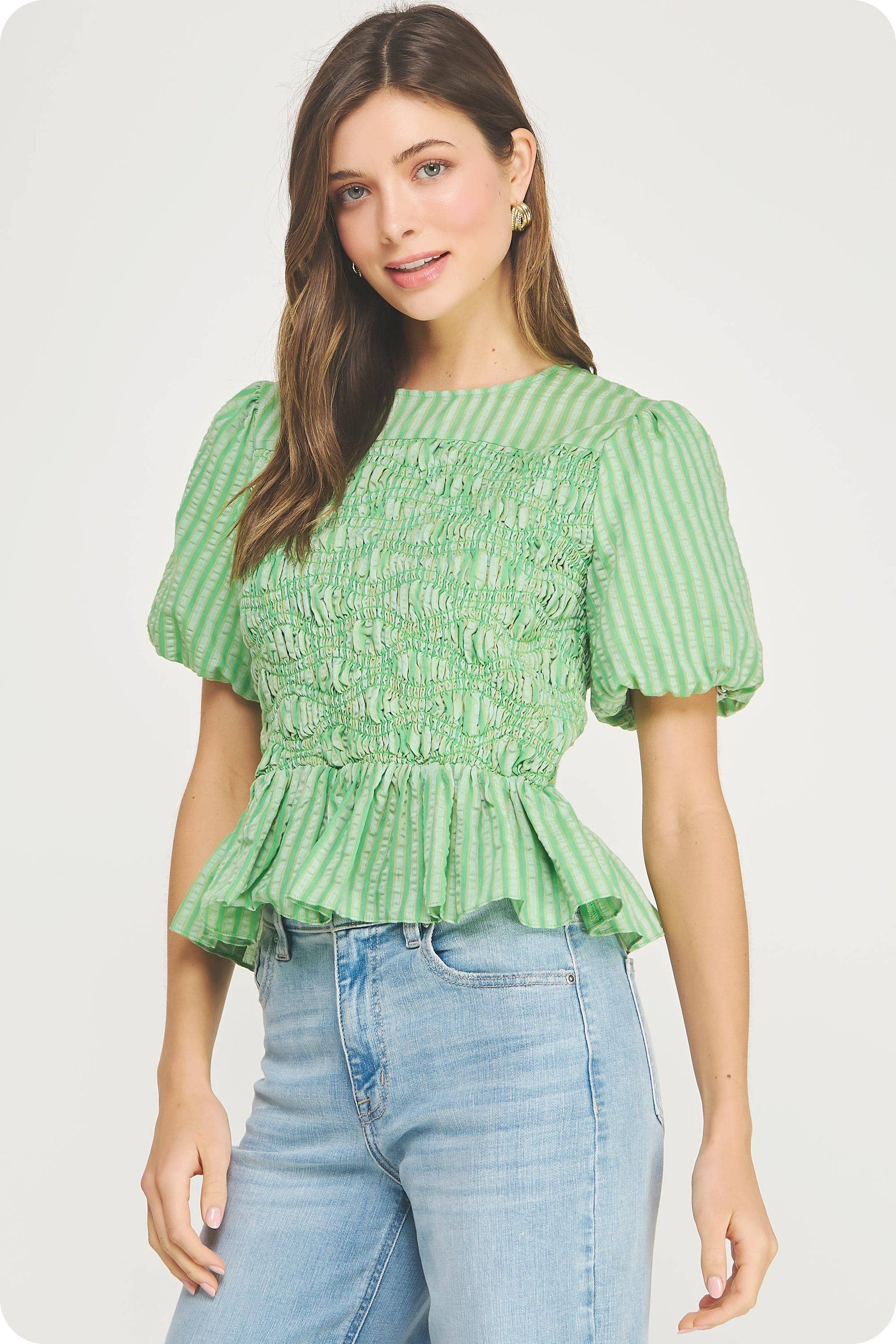 Wavy Smocking Detail Short Puff Sleeve Top