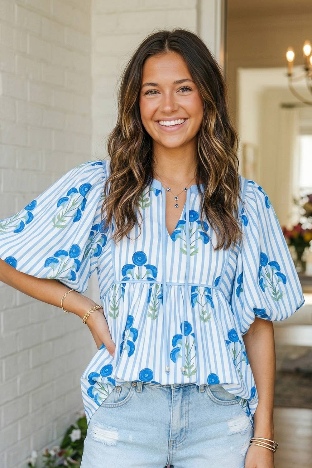 Striped Floral Bubble Sleeve Blouse