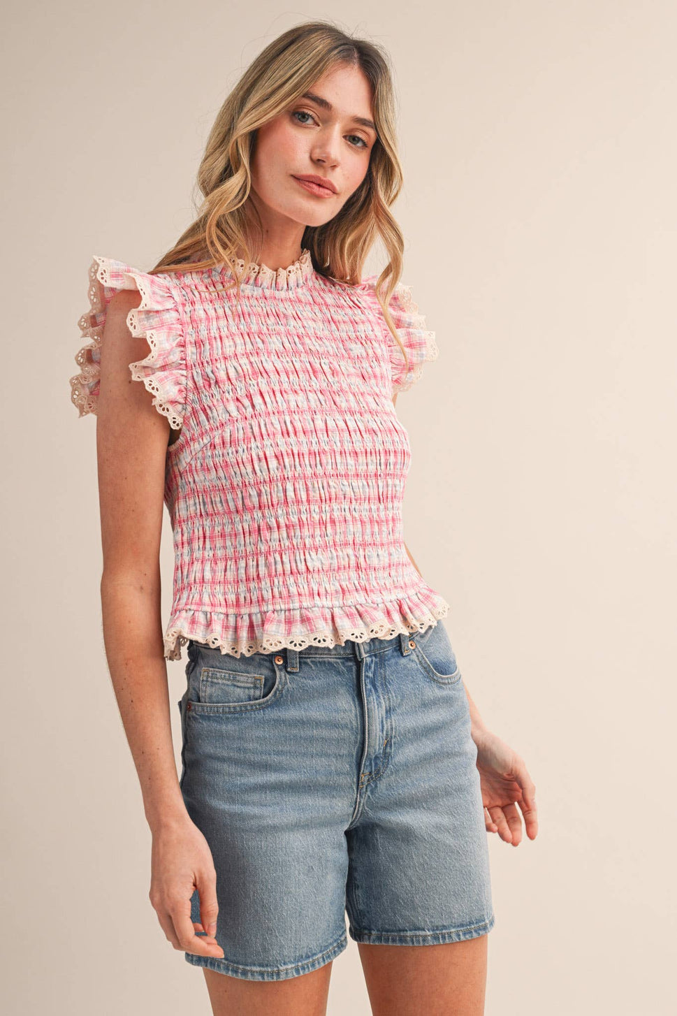 *Pink Plaid Smocked Lace Trim Top