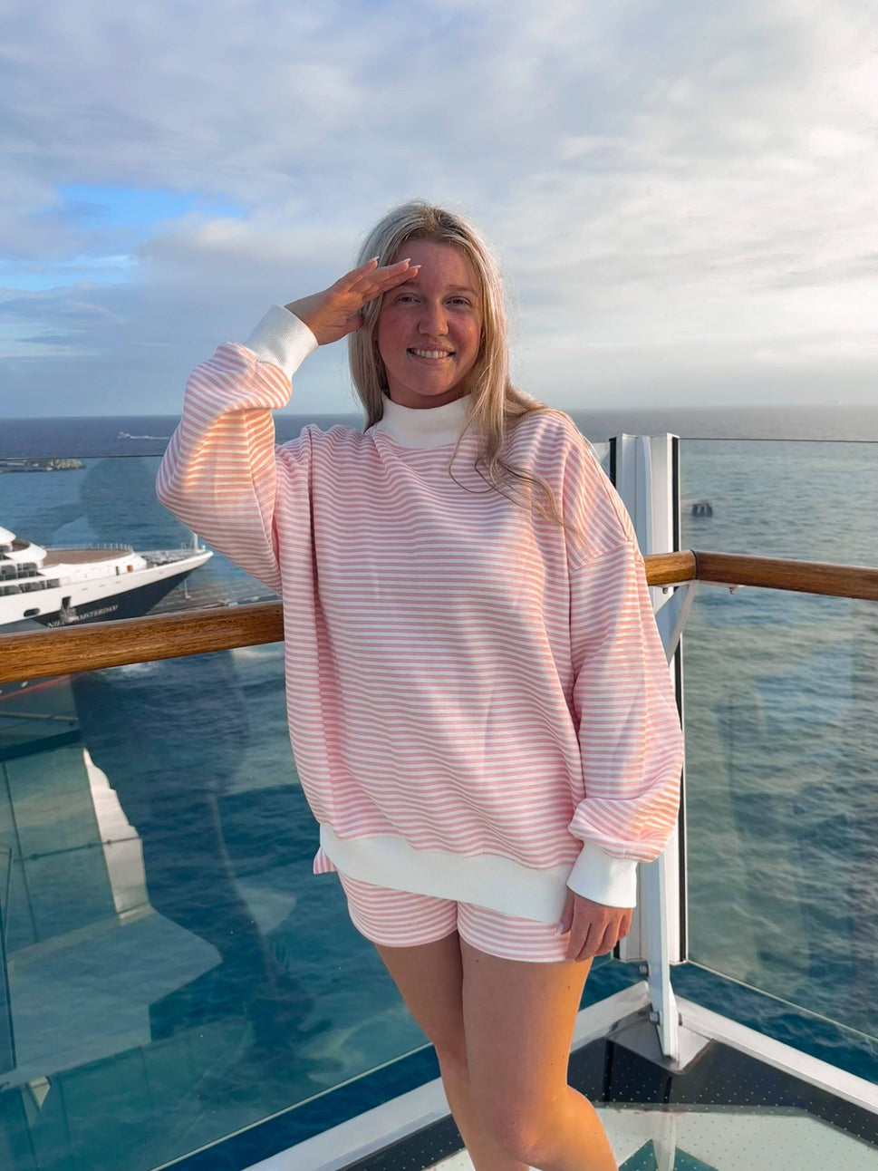 LIGHT PINK AND BIG STRIPED MOCKNECK SWEATSHIRT