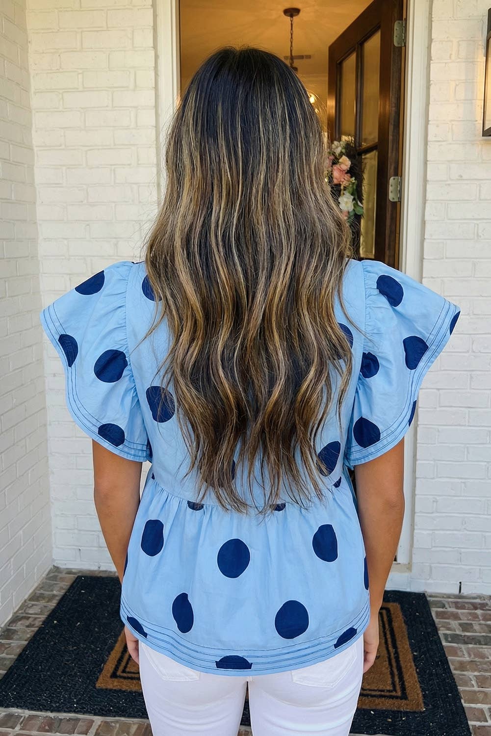 Polka Dot Print Ruffled Buttoned Collared Blouse