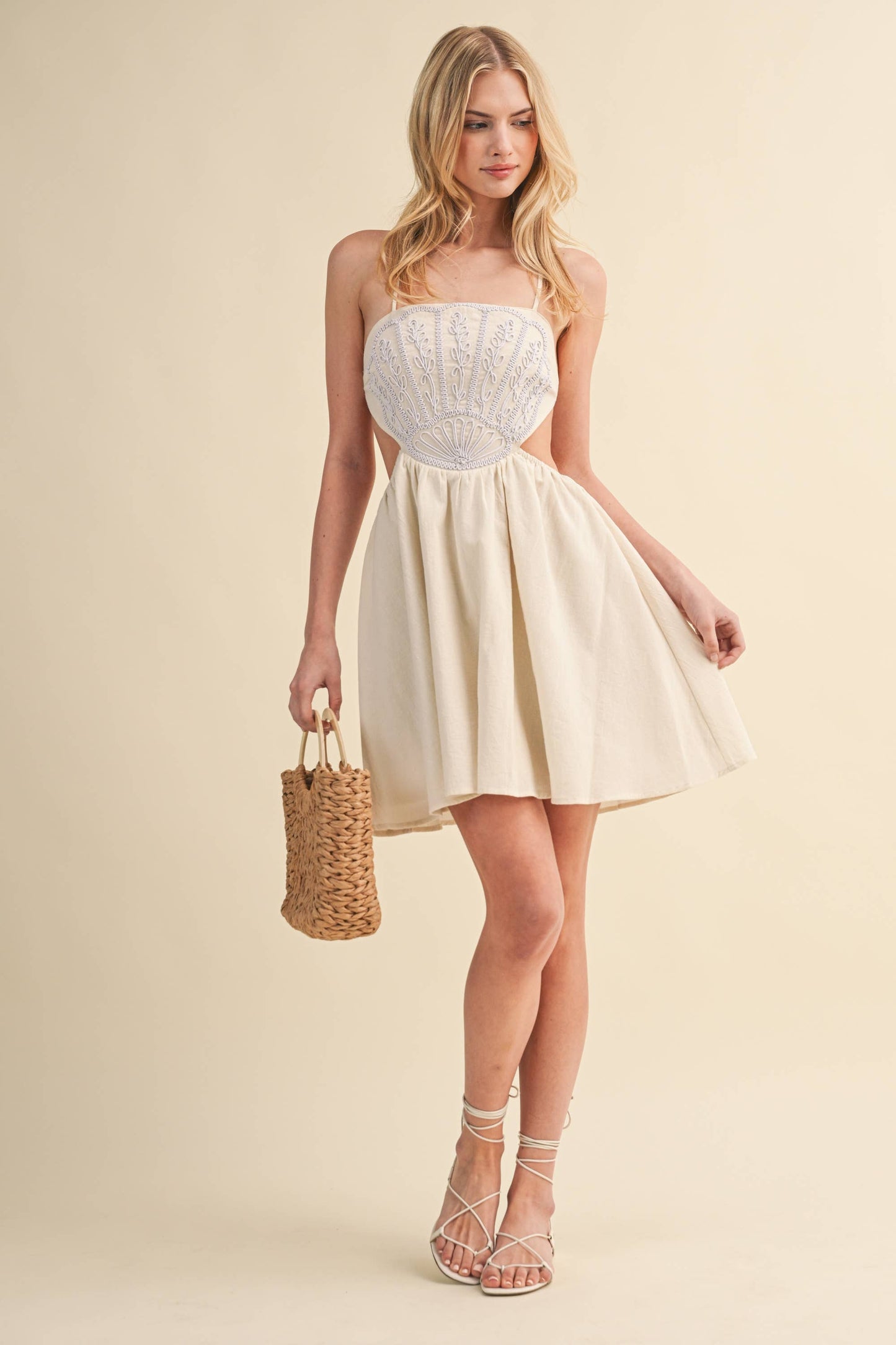 SCALLOP APLIQUE CRISS CROSS BACK FLARE MINI DRESS