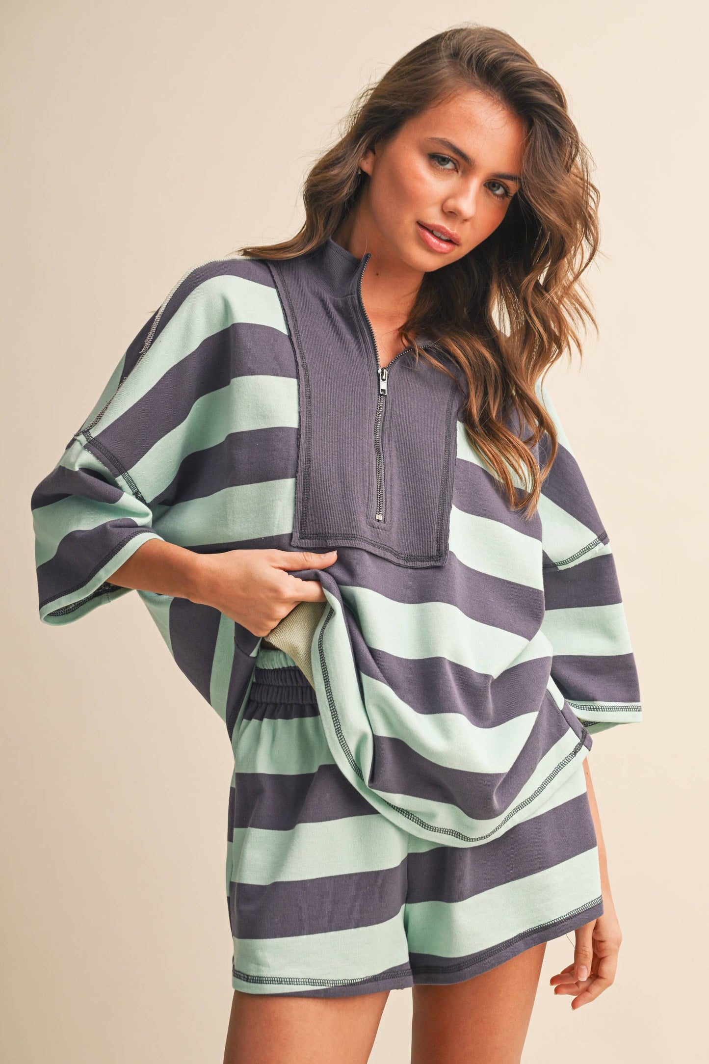 STRIPED HALF ZIP TOP AND SHORTS SET