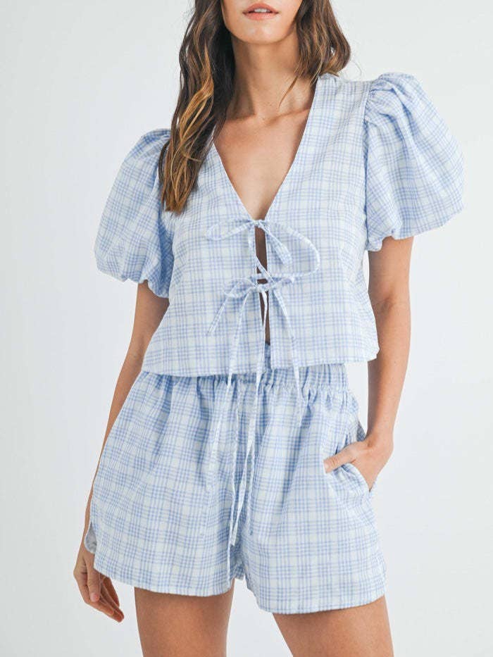 V-NECK LACE UP PUFF SLEEVE TOP SHORTS PLAID SET