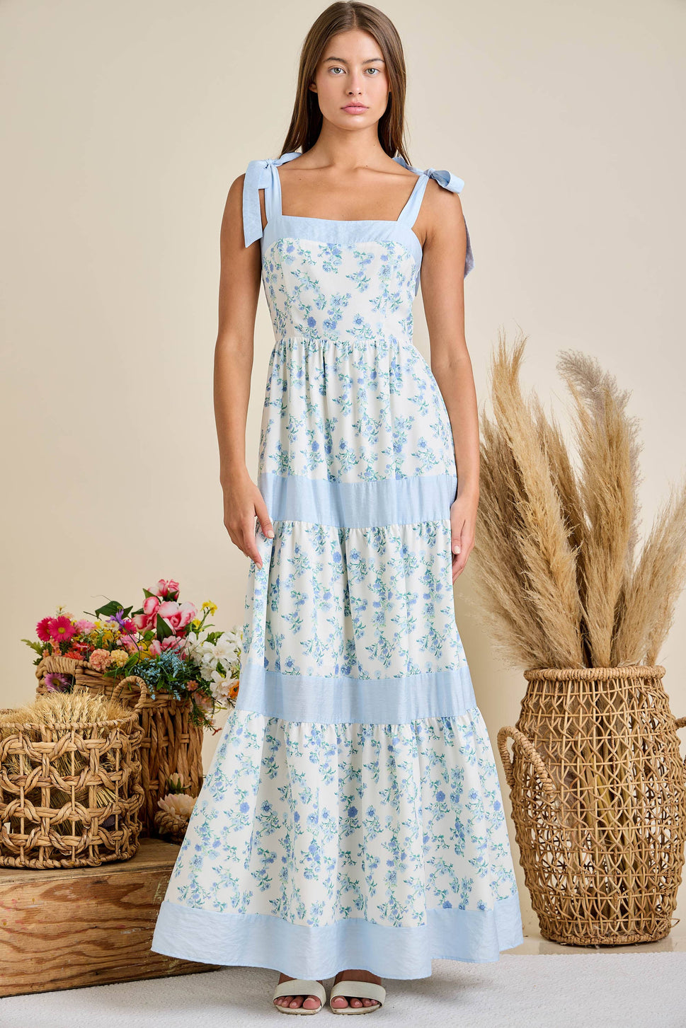 Floral Printed Maxi Shoulder Tie Dress