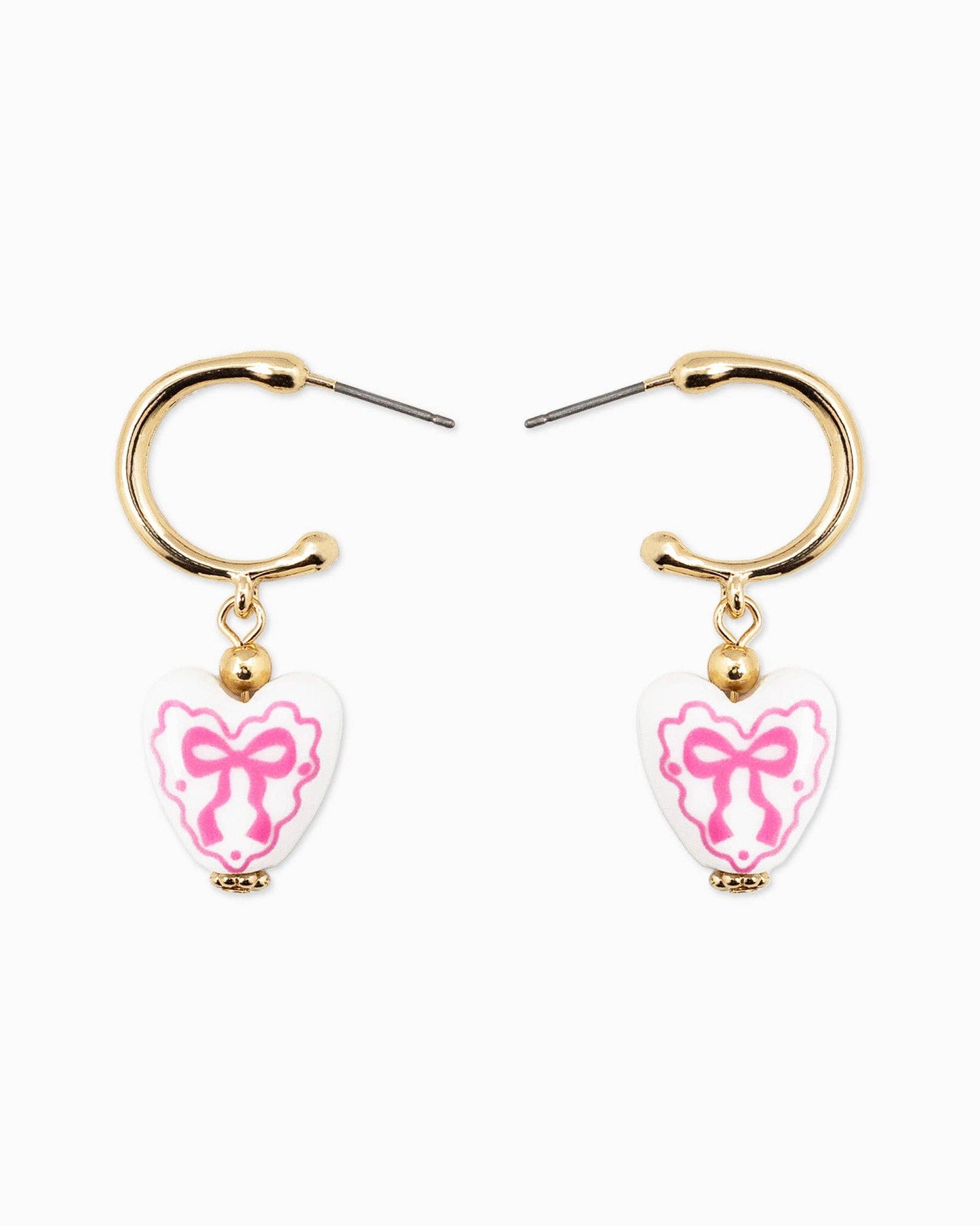 Ceramic Heart Bow Graphic Drop Hoop Earrings: Pink