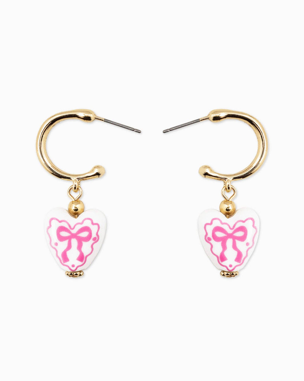 Ceramic Heart Bow Graphic Drop Hoop Earrings: Pink
