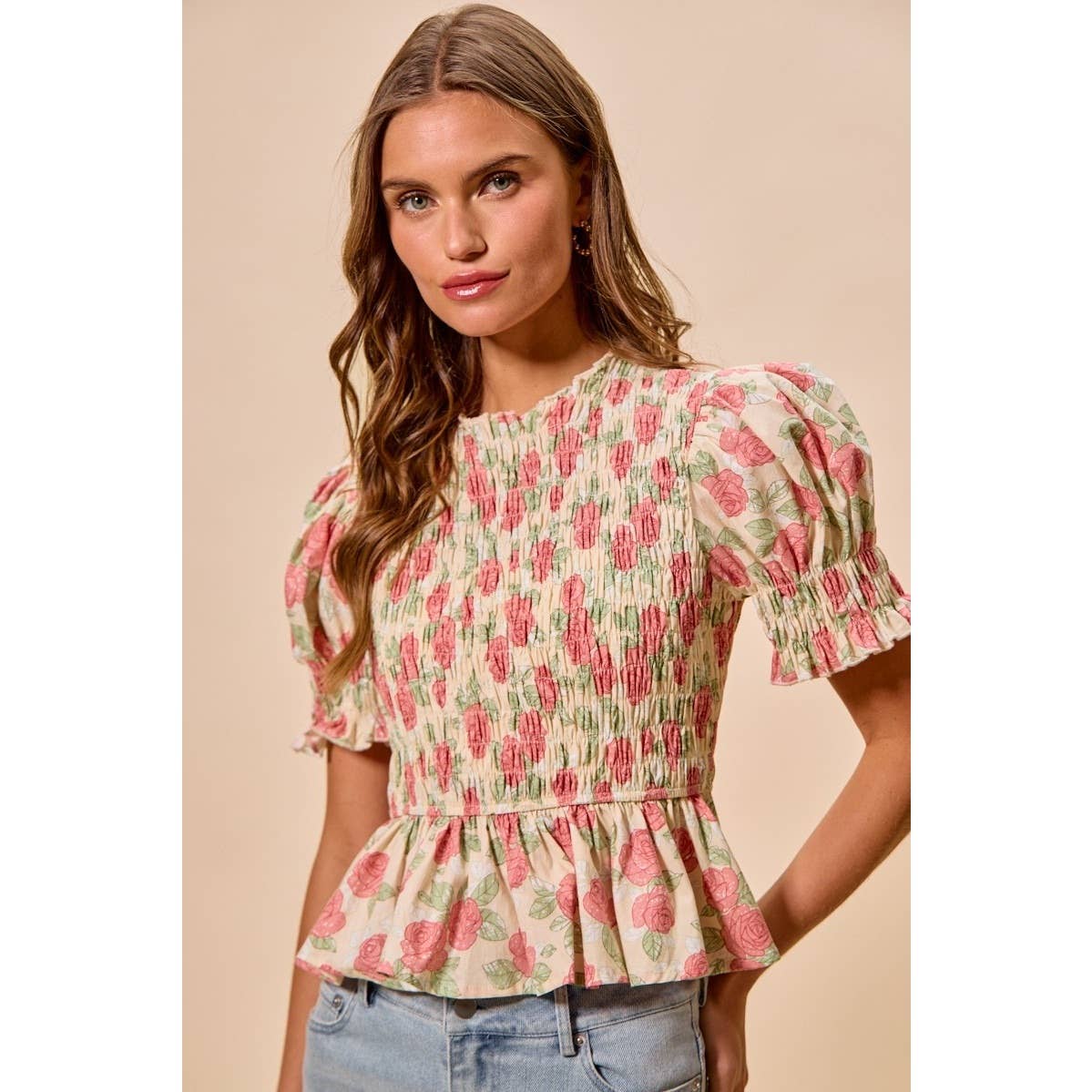 Floral Rose Print Smocked Short Sleeves Blouse Top: ROSE PINK