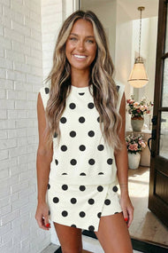 LAS Ribbed Trim Polka Dot Tank Split Mini Skort Set(S-4X)