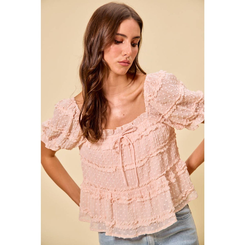 TEXTURED CLIP DOT RUFFLE SHORT SLEEVES BLOUSE TOP