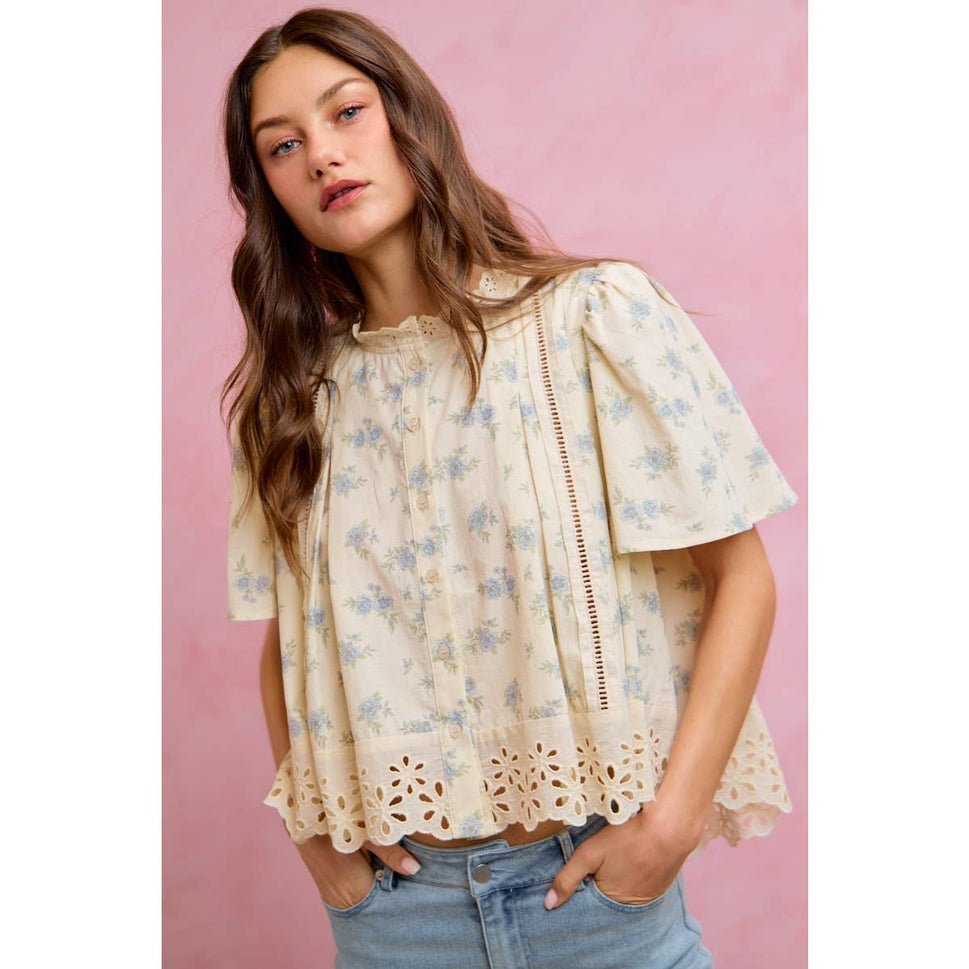 FLORAL PRINT LACE TRIM FLUTTER SLEEVES BLOUSE TOP