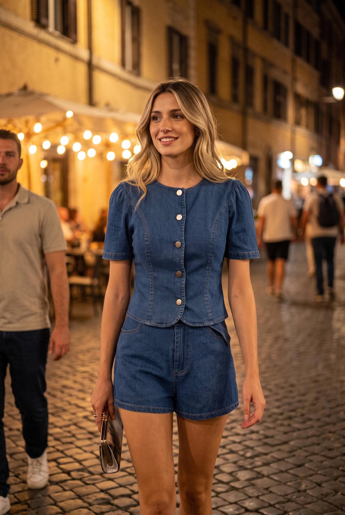 Stretch Denim Button-up Top & Shorts Set