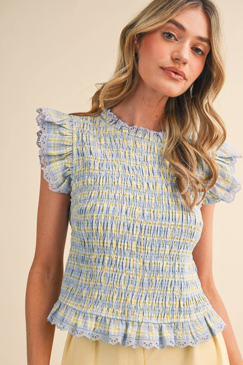 *Pink Plaid Smocked Lace Trim Top