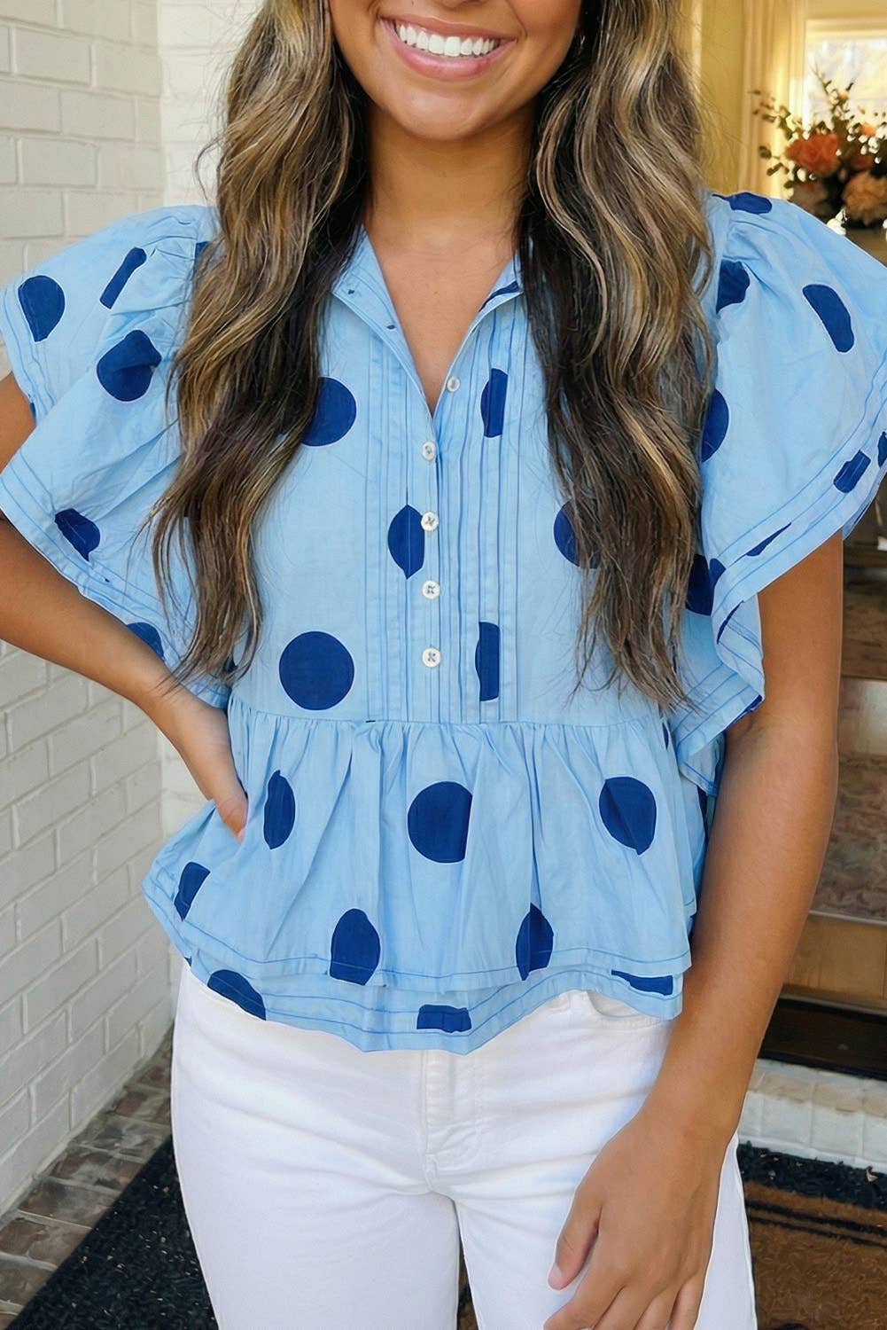 Polka Dot Print Ruffled Buttoned Collared Blouse
