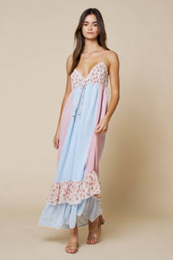 Floral Print Color Block Ruffled Sleeveless Maxi Dress
