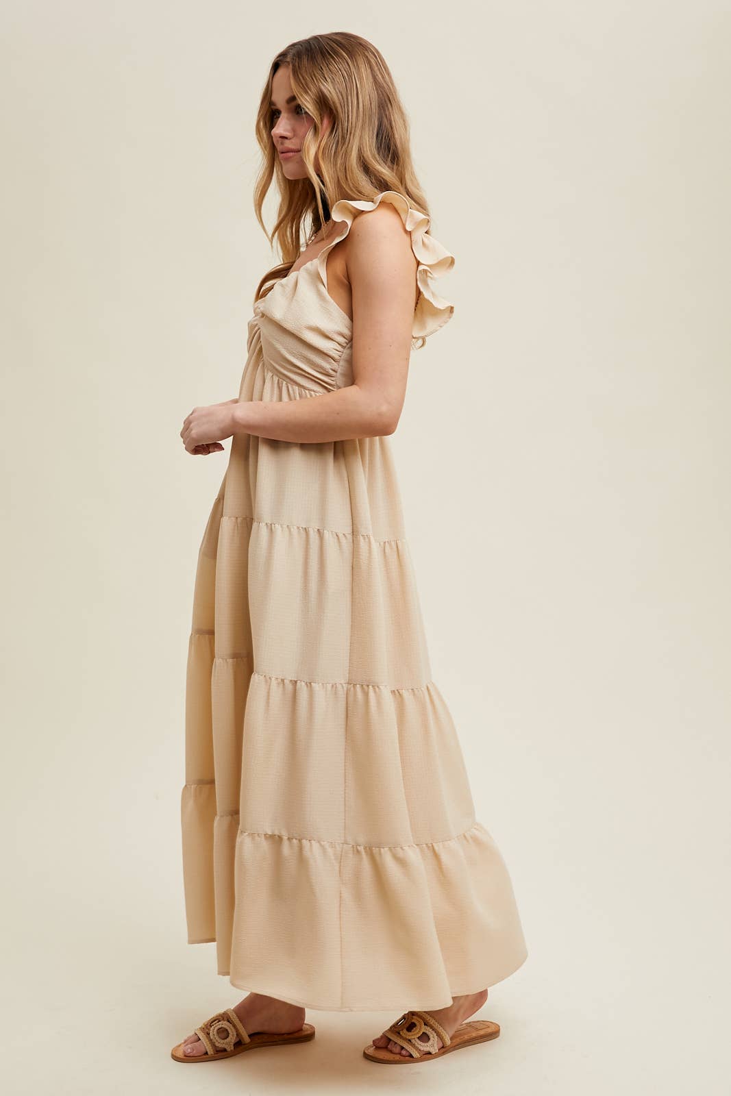 TEXTURED TIERED MIDI DRESS